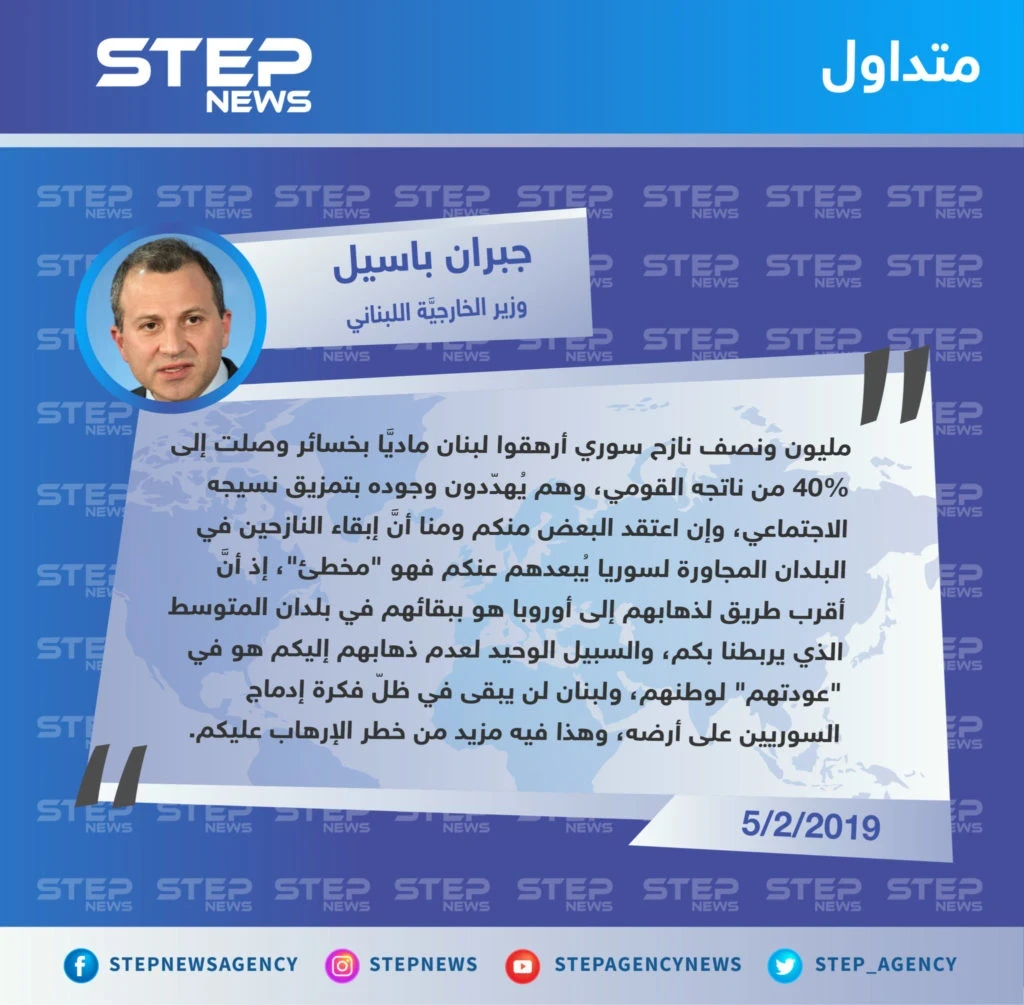 جبران باسيل يُهاجم اللاجئين السوريين باجتماع بروكسيل ويُحذّر الأوروبيين من "مخاطرهم" !!