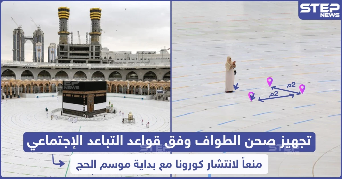 تجهيز صحن الطواف وفق قواعد التباعد الاجتماعي منعاً لانتشار كورونا مع بداية موسم الحج