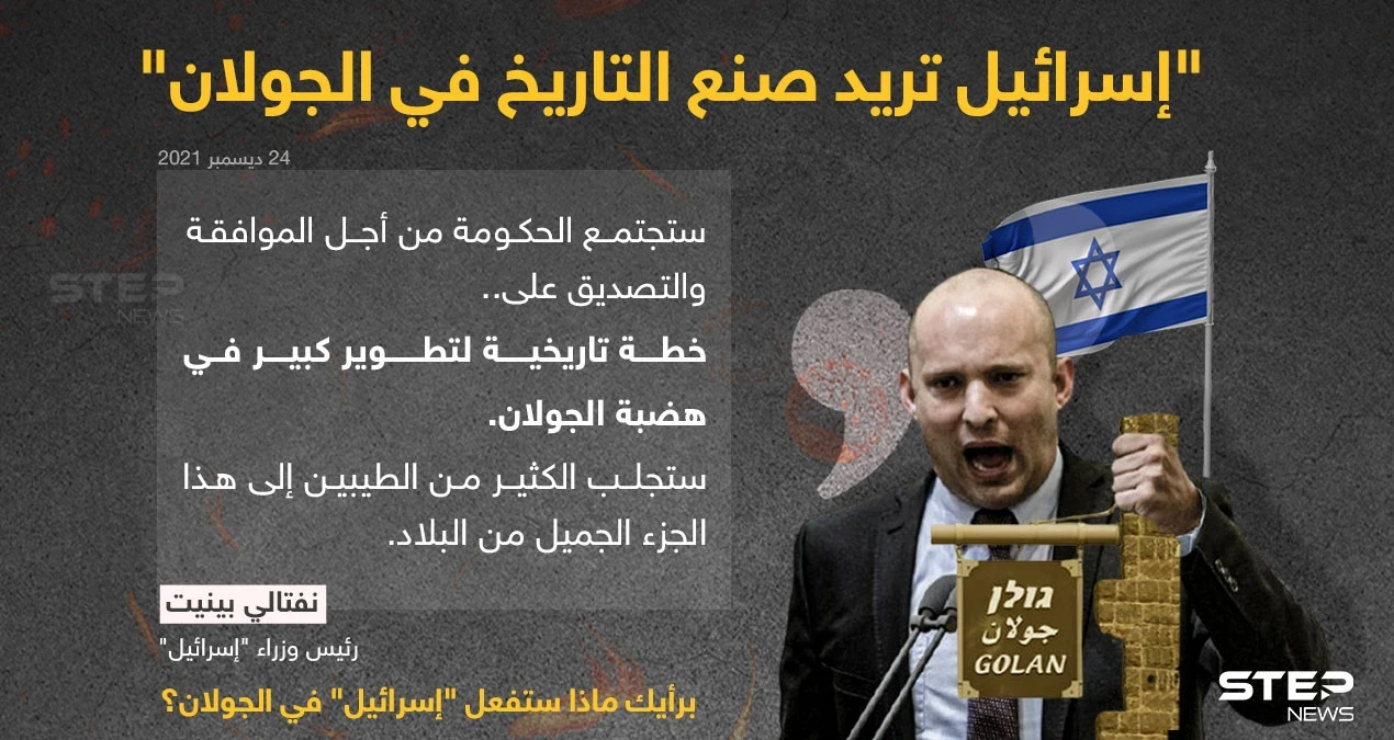رئيس الوزراء الإسرائيلي (نفتالي بينيت) ينشر تغريدة جديدة له على صفحته الرسمية على "تويتر"، أكد من خلالها أن الحكومة الإسرائيلية ستجتمع الأحد المقبل من أجل الموافقة أو التصديق على خطة تاريخية لتطوير كبير في هضبة الجولان.