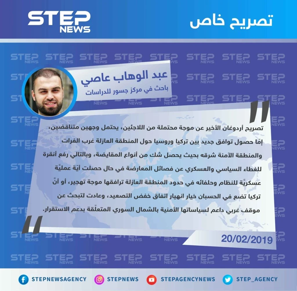 عبد الوهاب عاصي لوكالة "ستيب": تصريح أردوغان الأخير عن موجة محتملة من اللاجئين، يحتمل وجهين متناقضين.