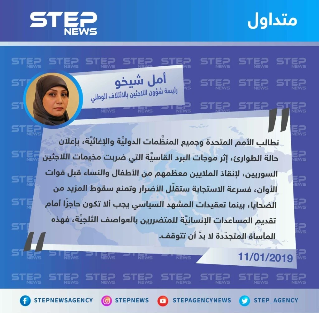 الائتلاف الوطني يُطالب الأمم المتحدة والمنظّمات بإعلان حالة الطوارئ لإنقاذ سكان المخيمات السوريّة من الموت برداً
