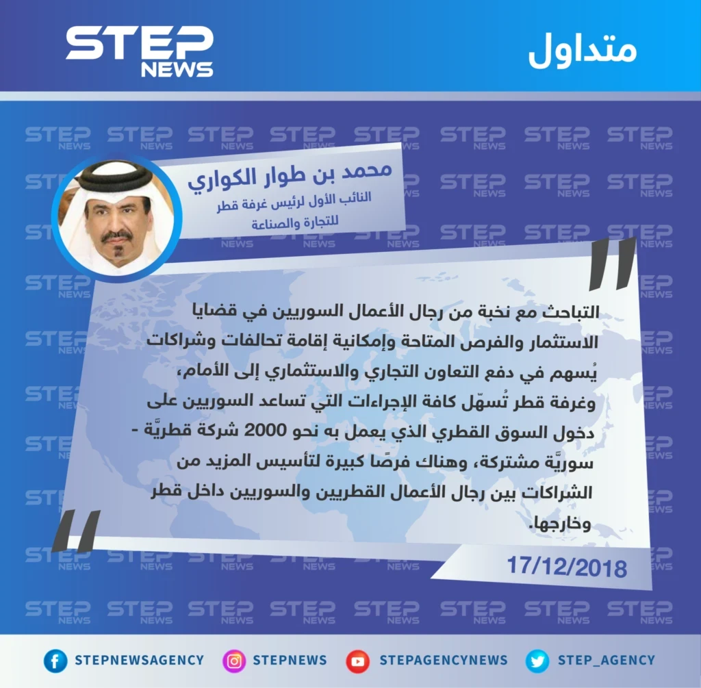وفد رجال أعمال سوري برئاسة "عماد شنن" يبحث مع قطر سُبل تطوير الاستثمارات المشتركة .