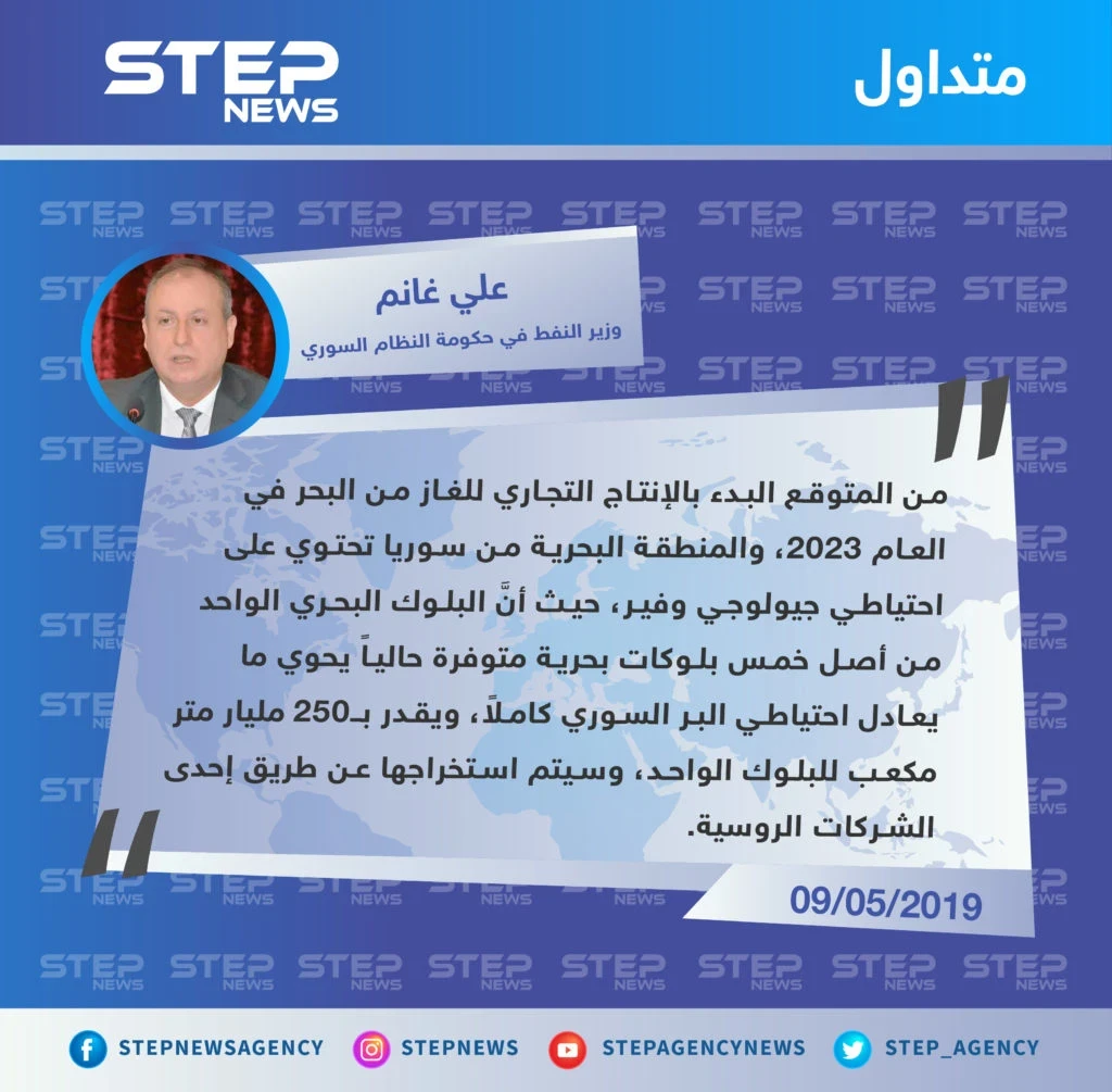 وزير النفط في حكومة النظام السوري يكشف عن كميات هائلة من الغاز في المياه الإقليمية