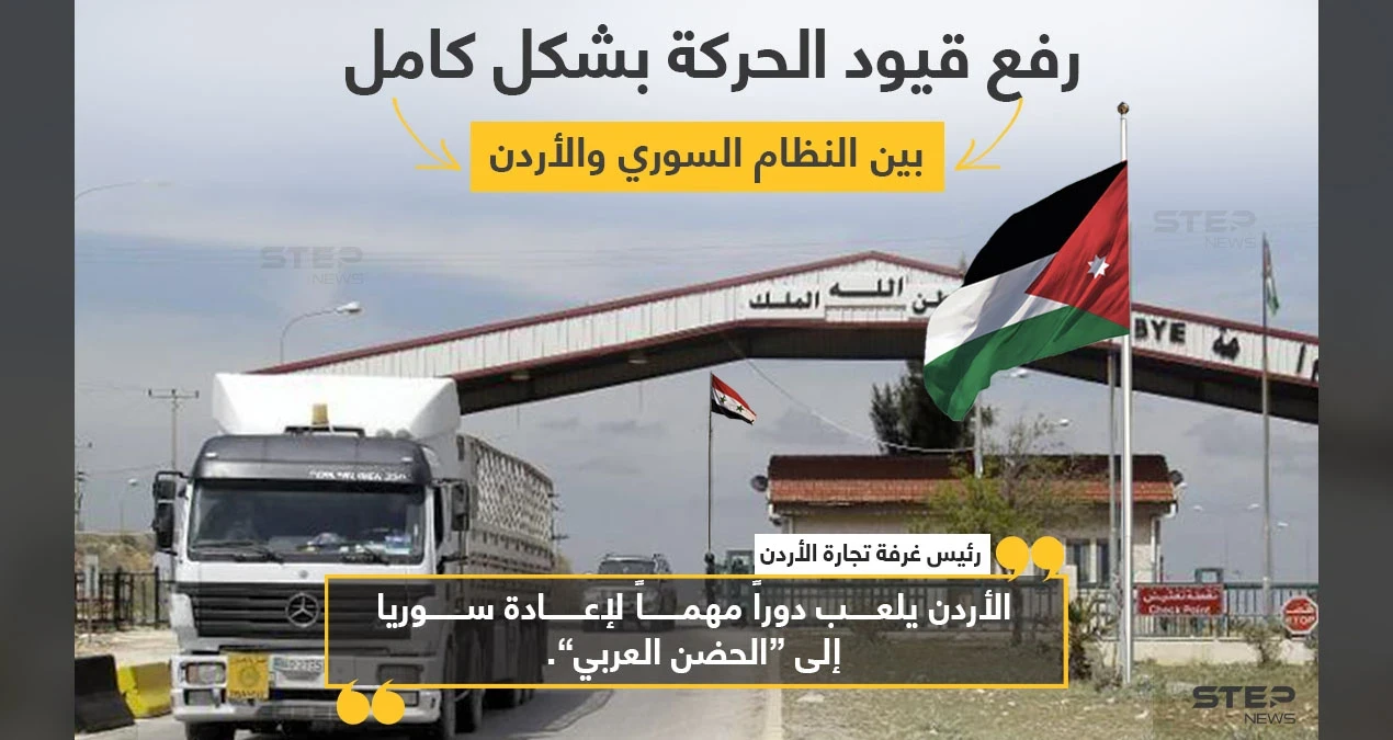 النظام السوري والأردن يرفعان بشكل كامل قيود الحركة بينهما، وتضمن القرار إلغاء نظام النقل التبادلي، والسماح للحافلات بالعبور إلى الجانب السوري والعودة منها، والسماح بمغادرة الأشخاص من مختلف الجنسيات إلى سوريا دون الحاجة إلى موافقة مسبقة من الجانب الأردني، بينما يحتاج السوريون القادمون لموافقة. وقال رئيس غرفة تجارة الأردن، نائل الكباريتي، أن:"رفع القيود عن الحركة بين البلدين سينعكس بشكل واضح على العلاقات الاقتصادية بينهما".