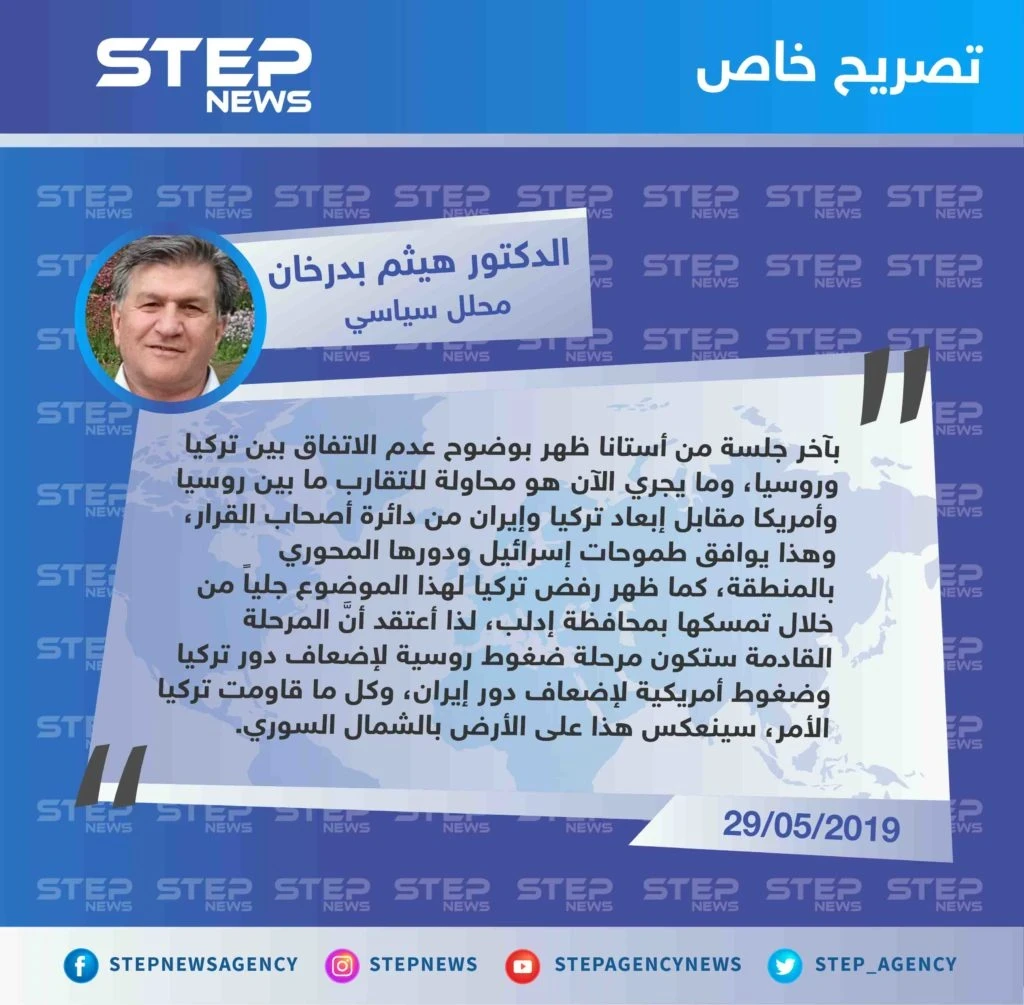 محلل سياسي: المرحلة القادمة ستكون مرحلة ضغوط روسية وأمريكية لإبعاد تركيا وإيران عن دائرة أصحاب القرار في سوريا.