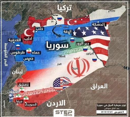 خريطة تظهر سيطرة الدول الأجنبية وتوزع نفوذها في سوريا 24-10-2019