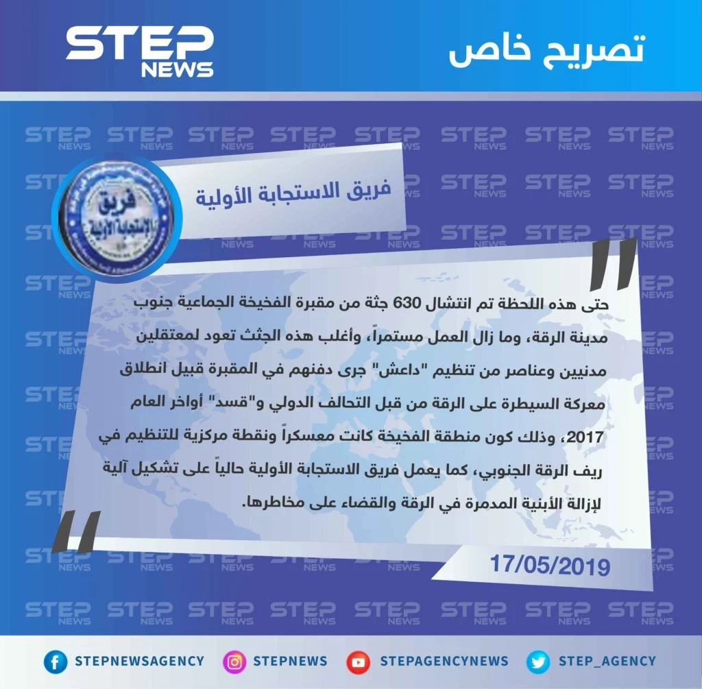 فريق الاستجابة الأولية في الرقة يكشف لـ"ستيب" عن عدد الجثث التي تم انتشالها من مقبرة الفخيخة جنوبي الرقة