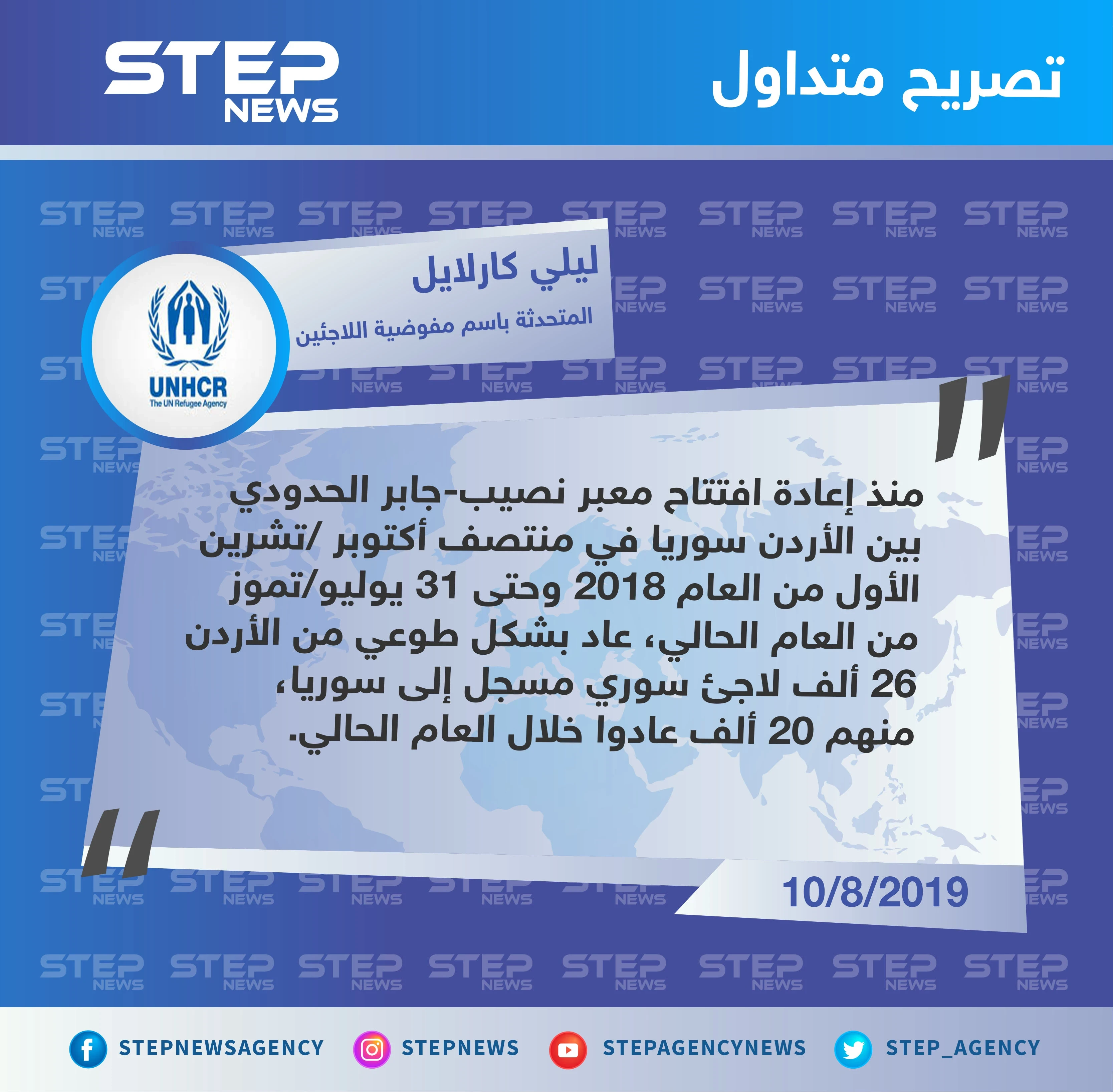 المتحدثة باسم المفوضية السامية لشؤون اللاجئين تكشف عدد السوريين العائدين من الأردن إلى سوريا منذ افتتاح معبر نصيب
