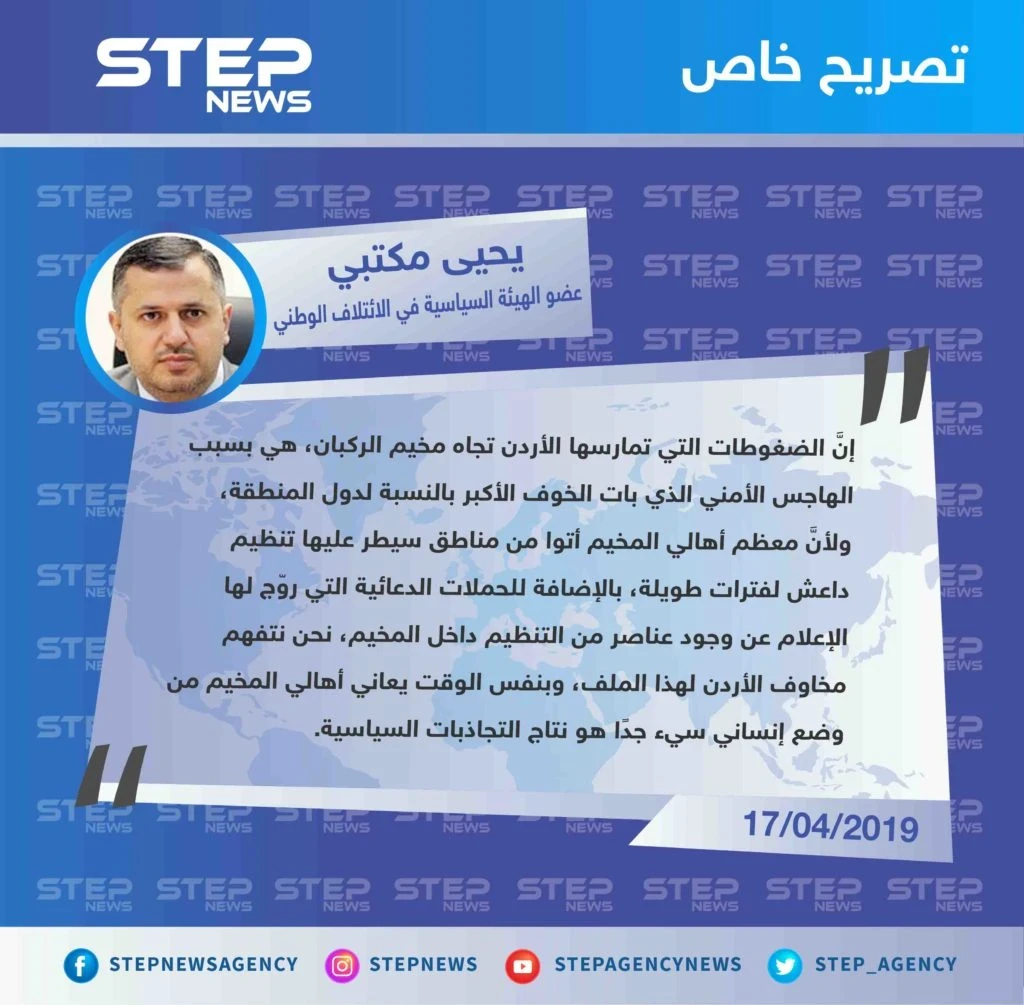 حول أسباب الضغط الأردني على مخيم الركبان، والمخاوف المستمرة من تواجد عناصر تابعة لتنظيم داعش داخل المخيم