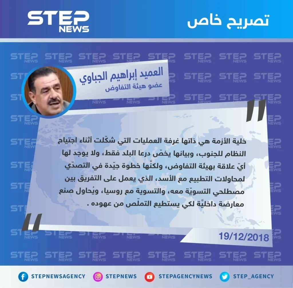 تصريح خاص || خلايا الأزمة لا علاقة لها بهيئة التفاوض، ولكنَّها خطوة جيّدة في التصدي لمحاولات التطبيع التي يصبو إليها النظام .