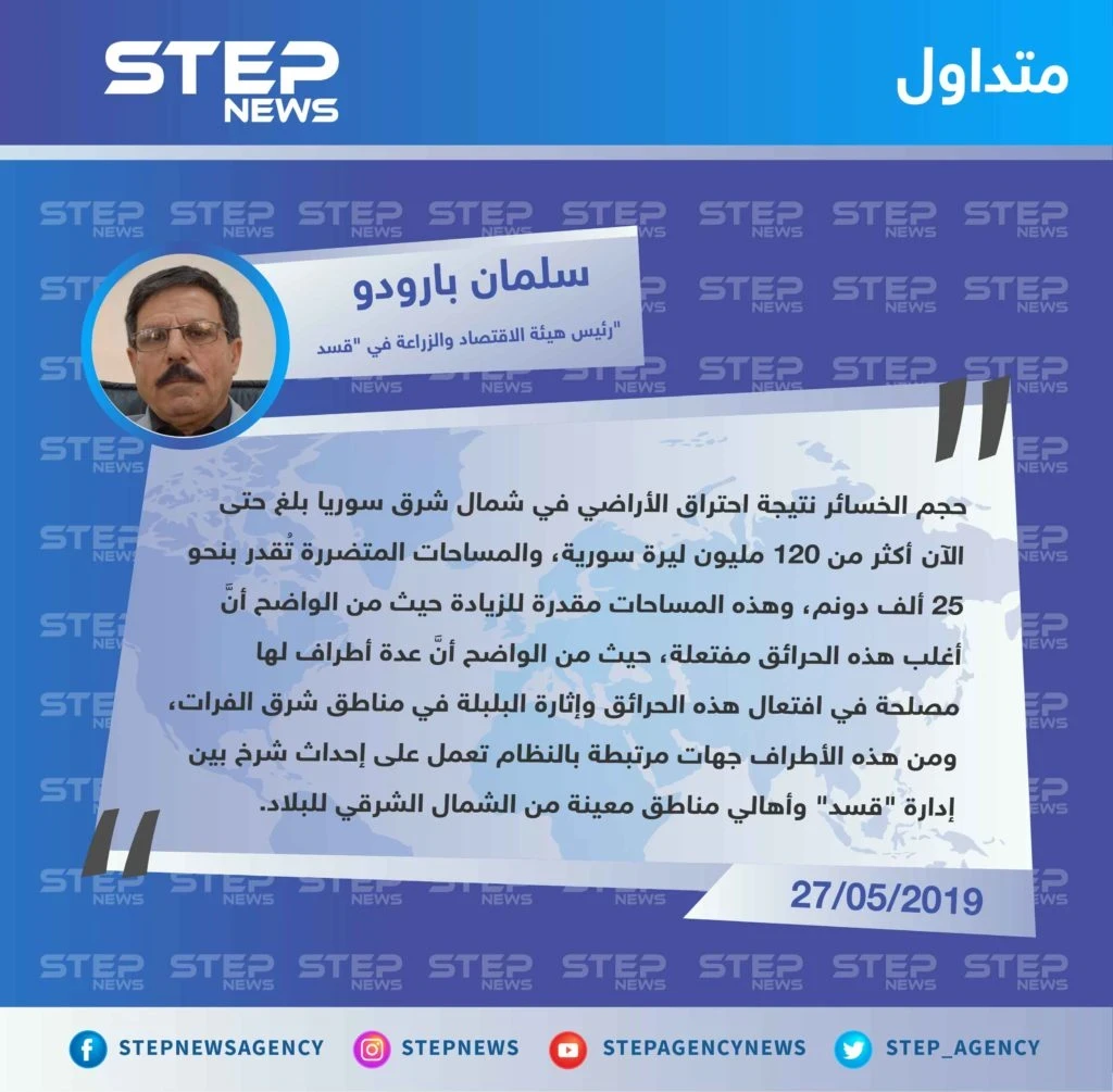 رئيس هيئة الاقتصاد والزراعة في "قسد": شمال شرق سوريا سيشهد المزيد من الحرائق وأطراف تابعة للنظام السوري لها مصلحة بافتعالها.