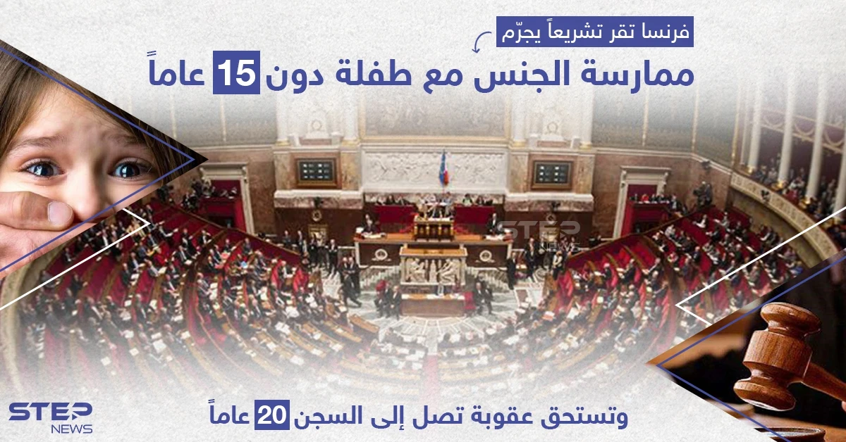 أقر البرلمان الفرنسي تشريعاً يعتبر ممارسة الجنس مع طفلة دون 15 عاما اغتصاباً وتستحق عقوبة تصل إلى السجن 20 عاماً