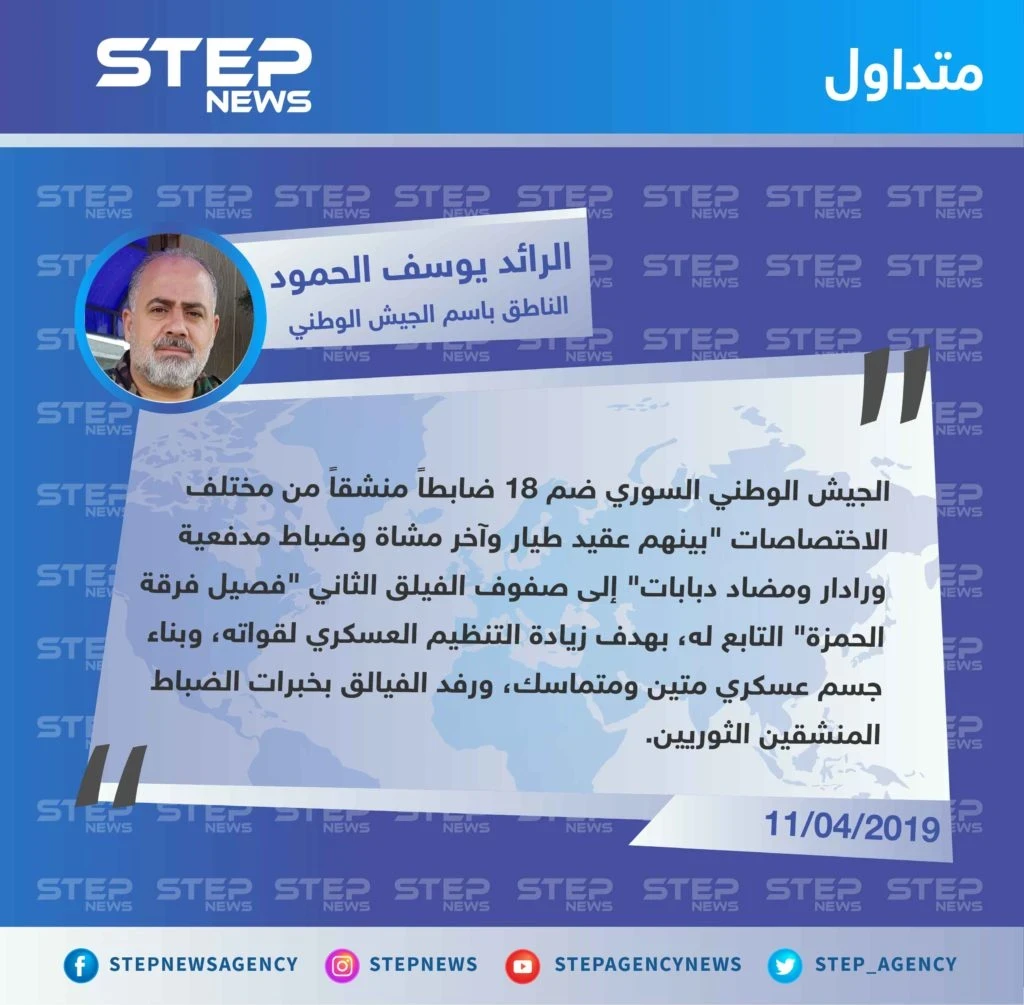 الناطق باسم الجيش الوطني يعلن عن ضم 18 ضابطاً منشقاً إلى صفوف الجيش