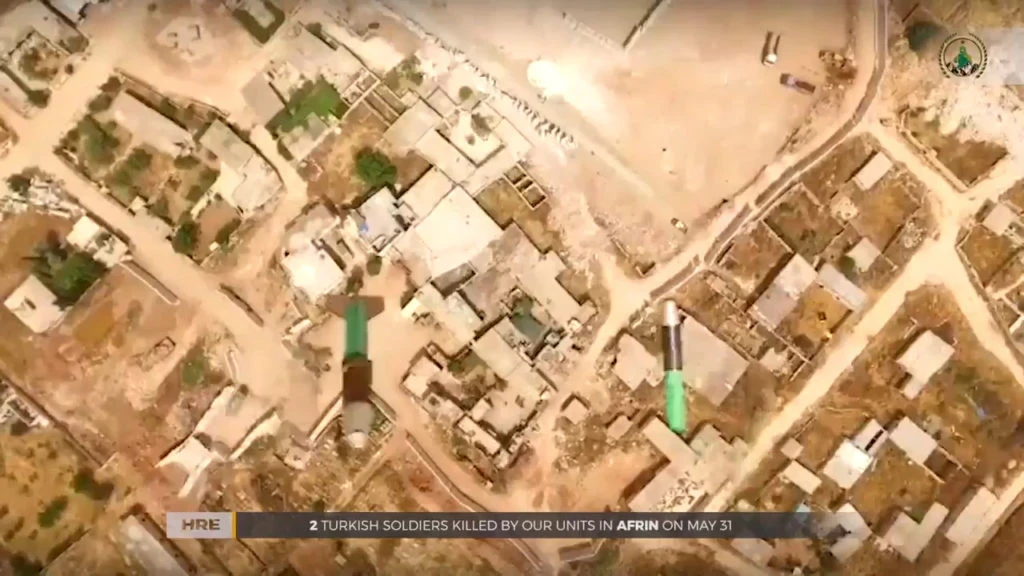 بالفيديو.. طائرة مسيرة لـ " قوات تحرير عفرين" تقصف نقطة تركية في عفرين وتقتل عنصرين
