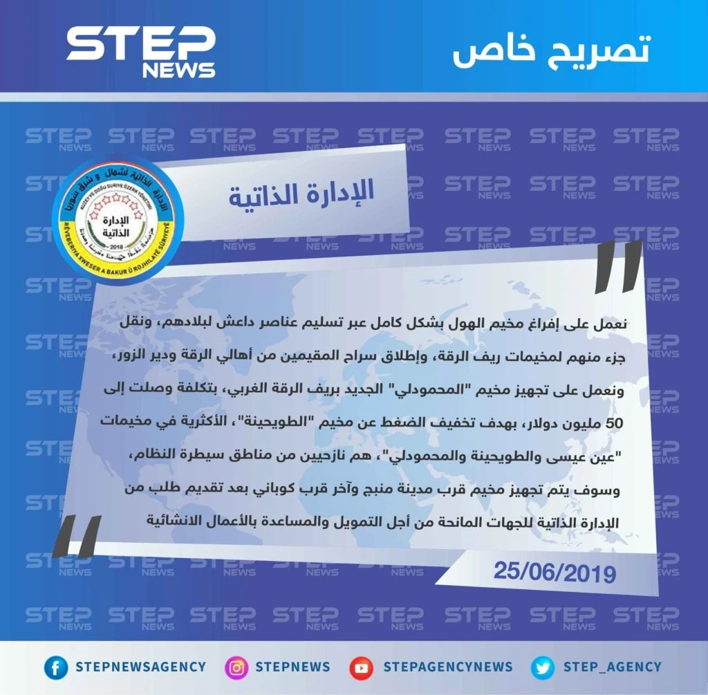 الإدارة الذاتية التابعة لـ قسد تكشف لستيب عن تأسيس مخيمات جديدة في الرقة ومنبج وكوباني