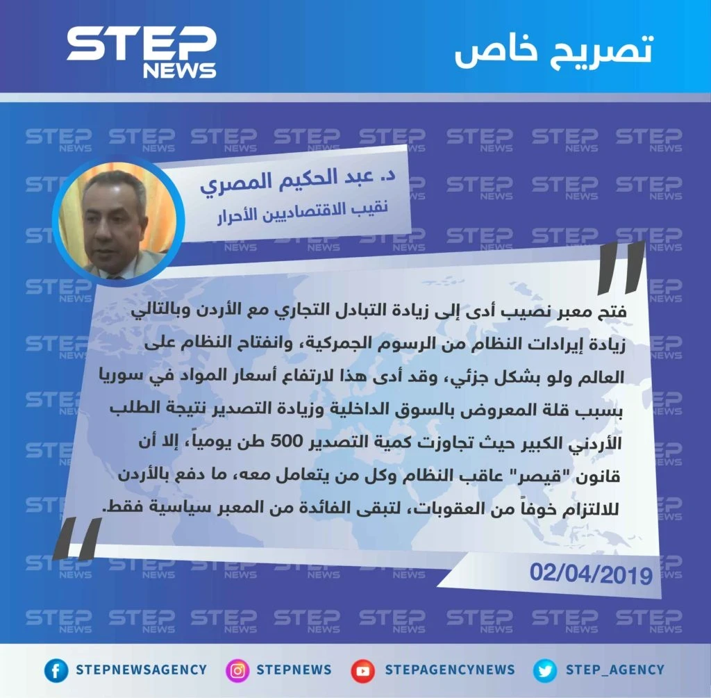 نقيب الإقتصاديين الأحرار يكشف عن علاقة العقوبات الأمريكية بعدم استفادة النظام اقتصادياً من معبر نصيب