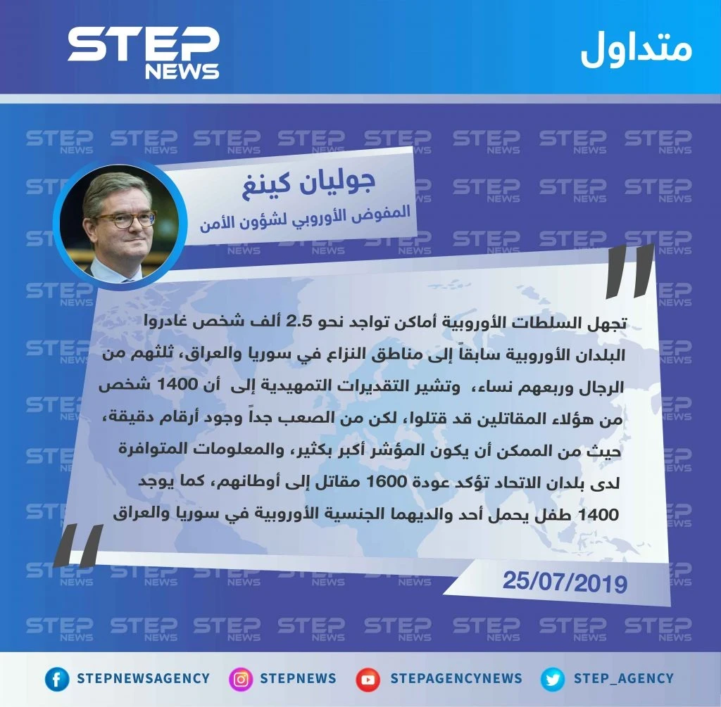 المفوض الأوروبي لشؤون الأمن: مصير مجهول لـ 2500 أوروبي في سوريا والعراق