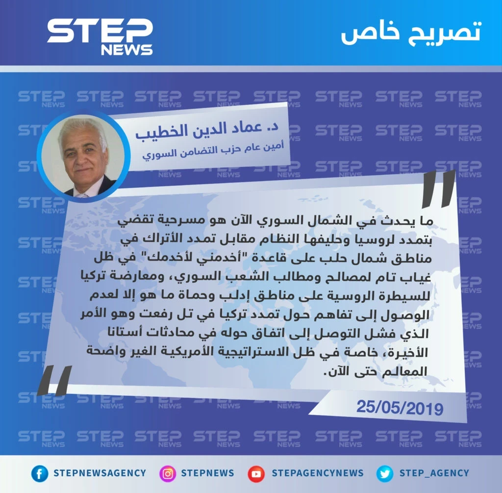 أمين عام حزب التضامن السوري: ما حدث ويحدث في الشمال السوري هو مسرحية تمدد وسيطرة بين روسيا وتركيا