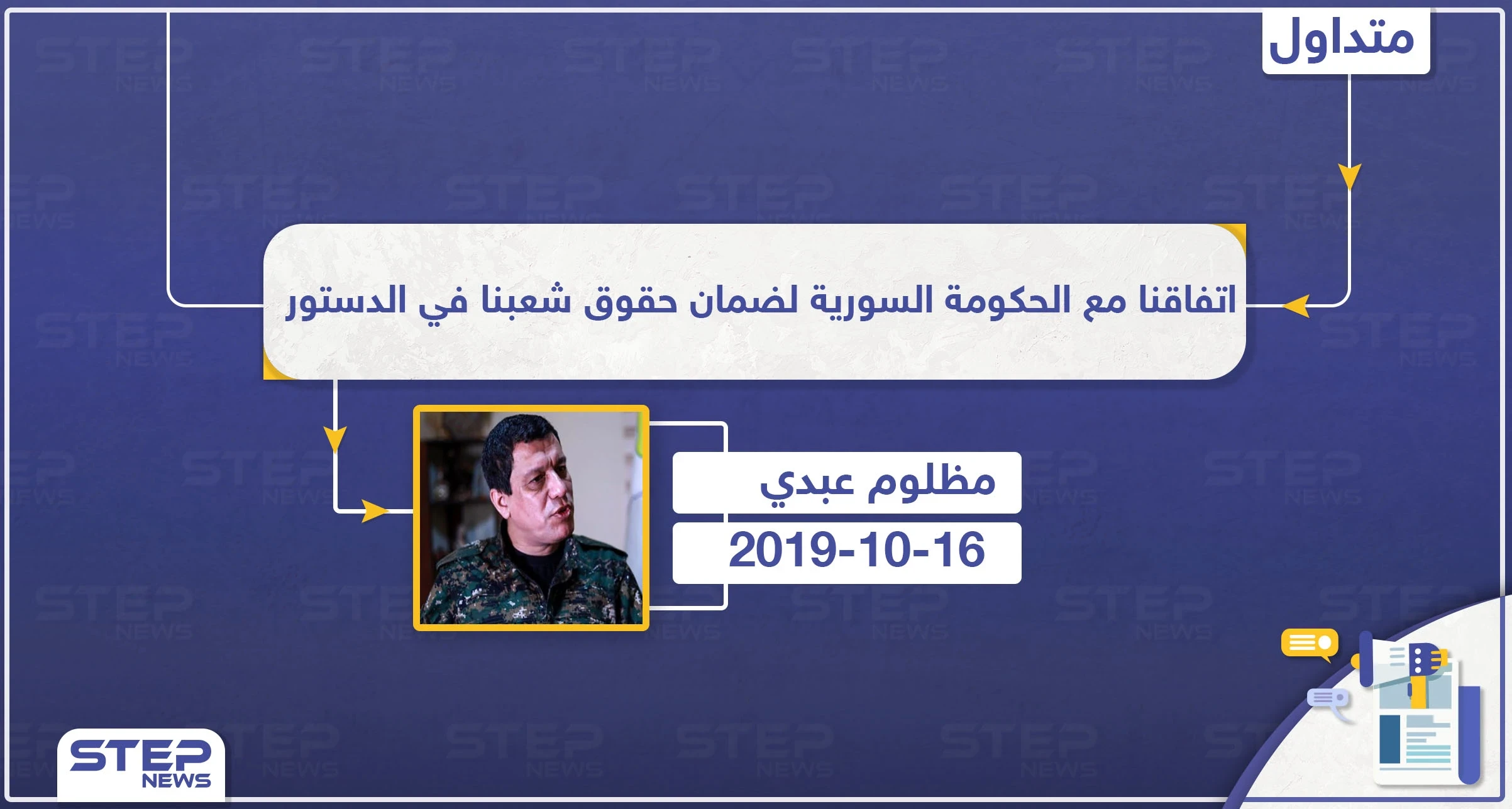 مظلوم عبدي: اتفاقنا مع الحكومة السورية لضمان حقوق شعبنا في الدستور