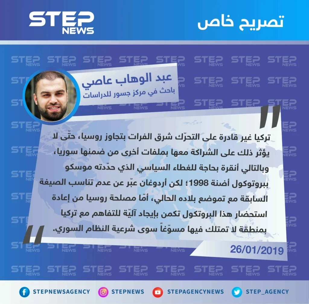 رؤية الباحث عبد الوهاب عاصي لوكالة "ستيب" حول تصريحات الخارجيتين الروسية والسورية عن الالتزام باتفاق أضنة بين تركيا وسوريا