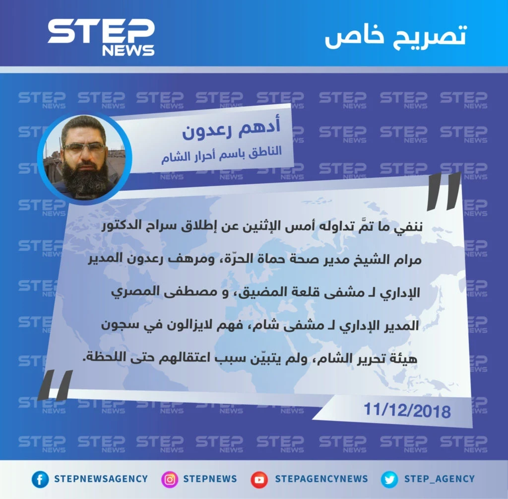 تصريح خاص من "أدهم رعدون" الناطق باسم فصيل أحرار الشام في منطقة المضيق لـ وكالة ستيب الإخبارية، حول حقيقة إطلاق سراح الطبيب "مرام الشيخ".